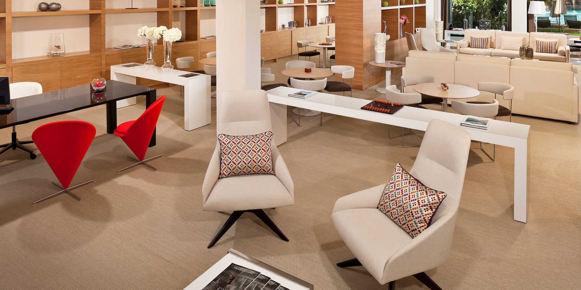 a room with chairs and tables