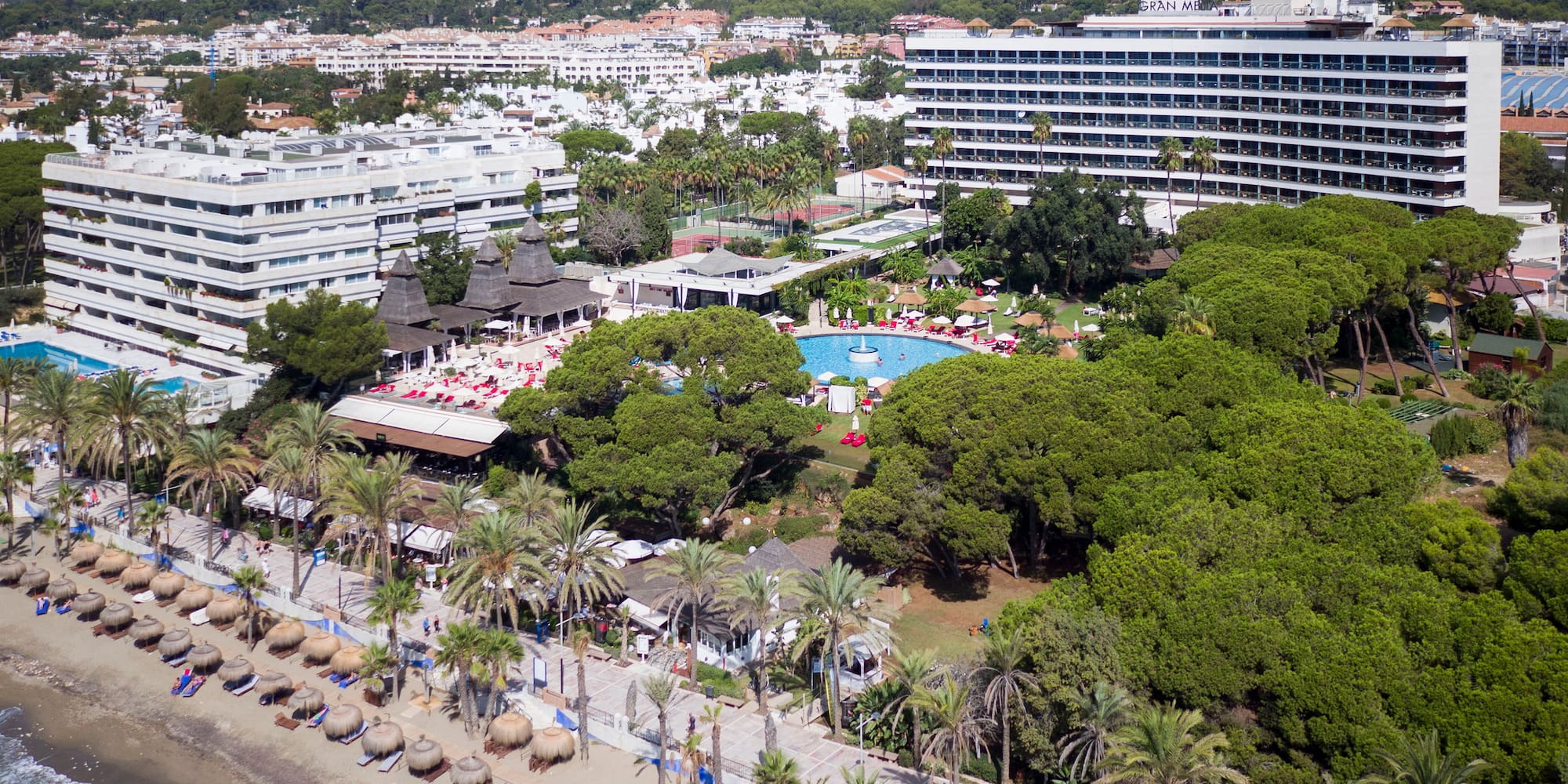 a beach with a swimming pool and trees