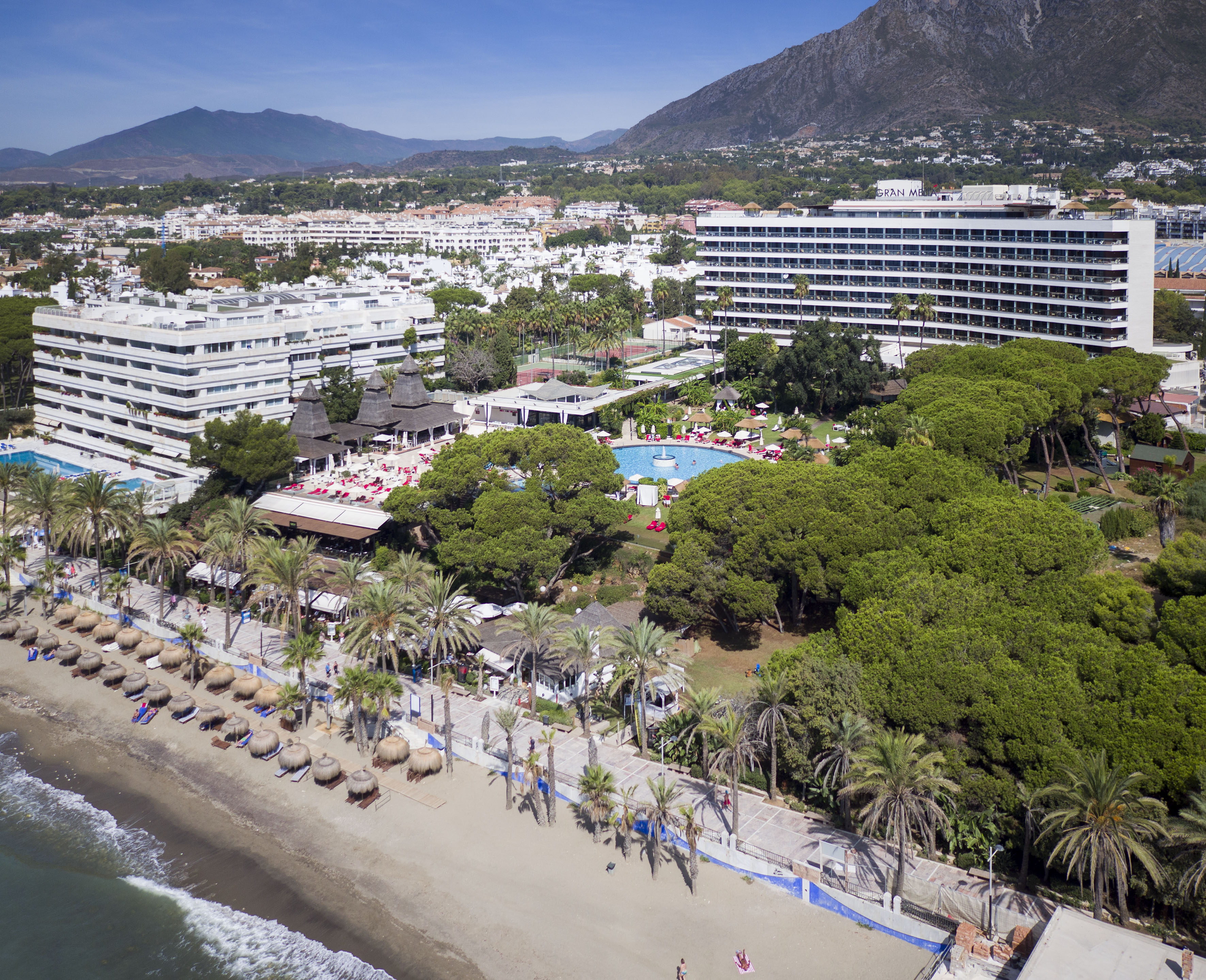 Gran Meliá resort on beach with pools, palm trees, and mountains.