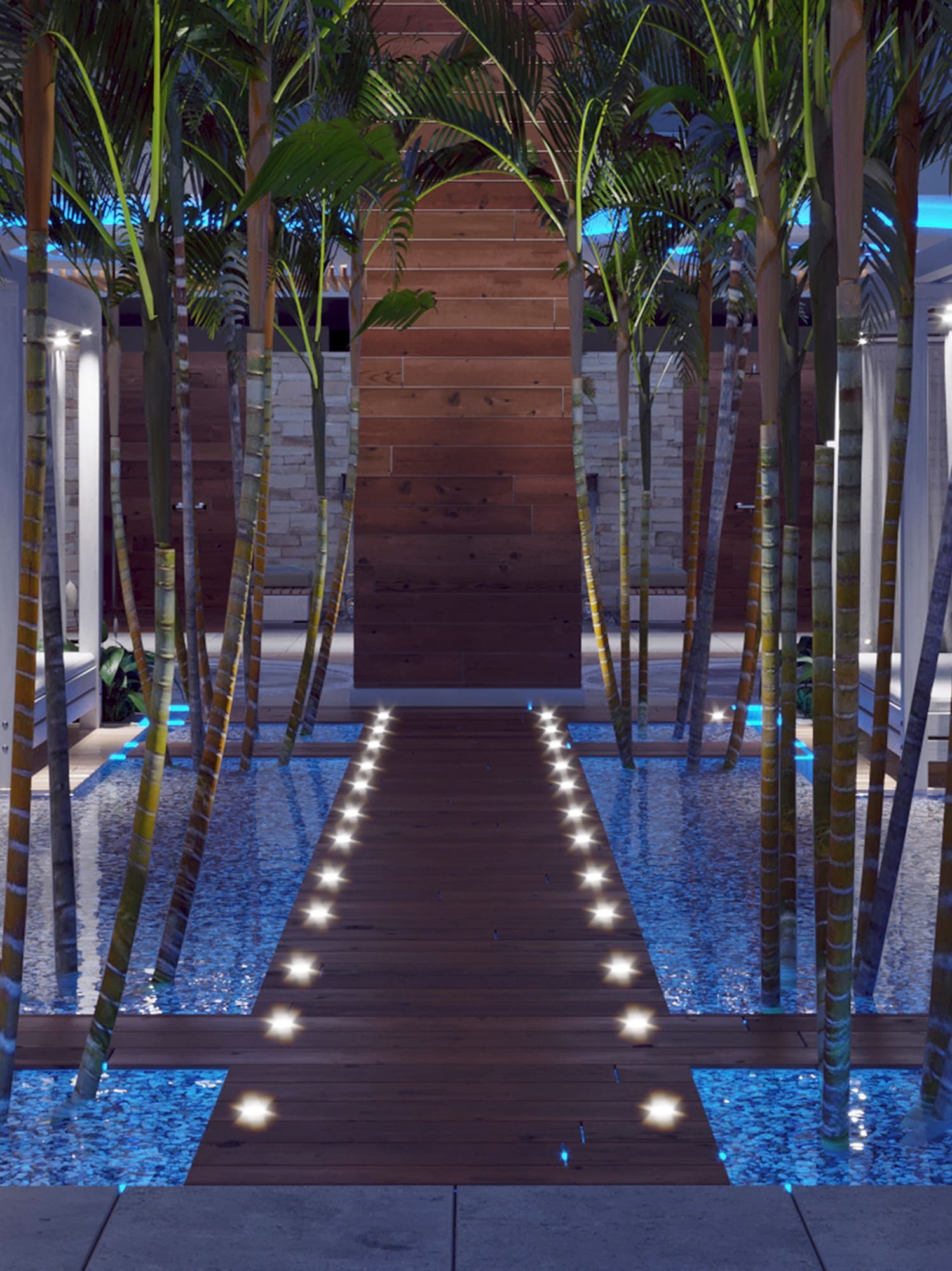 a walkway with trees in the water