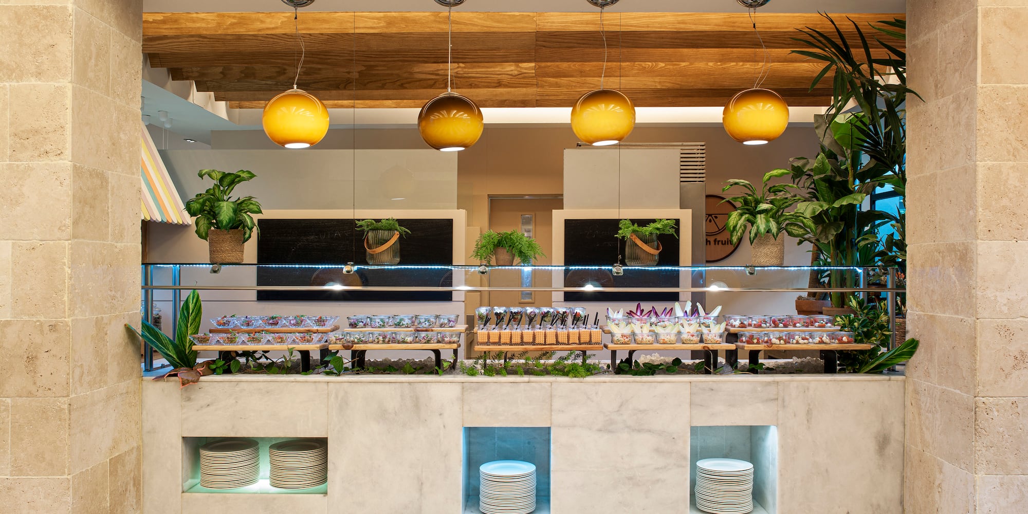 a buffet with food on the counter