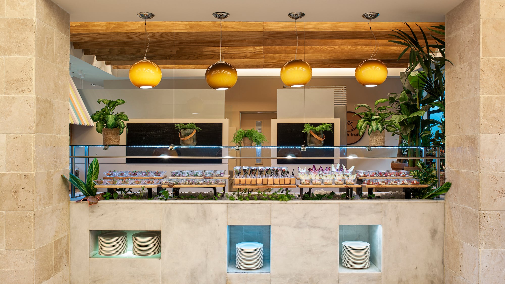 a buffet with food on the counter