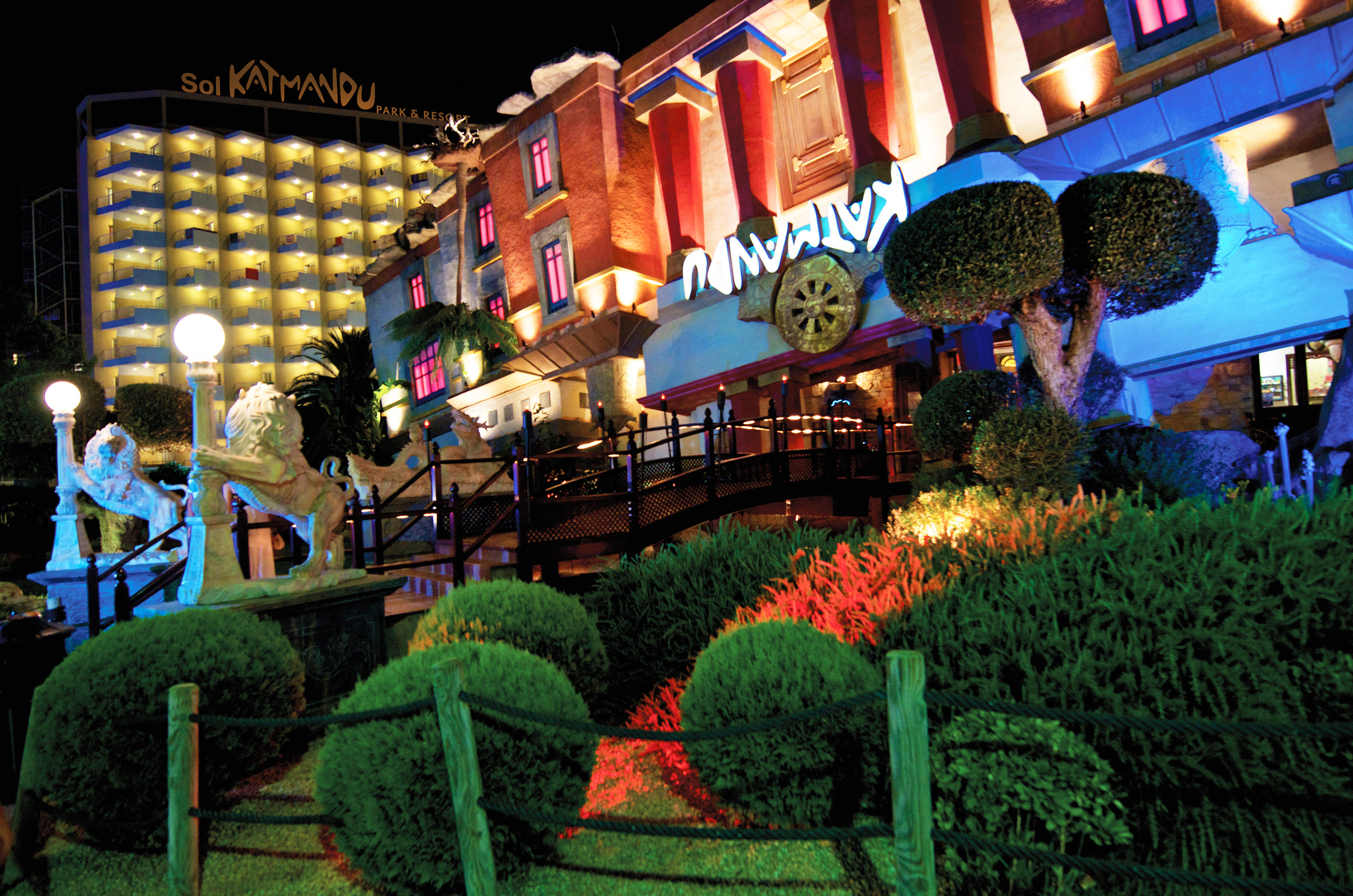 Sol Katmandu Park & Resort at night, featuring the illuminated Katmandu House.