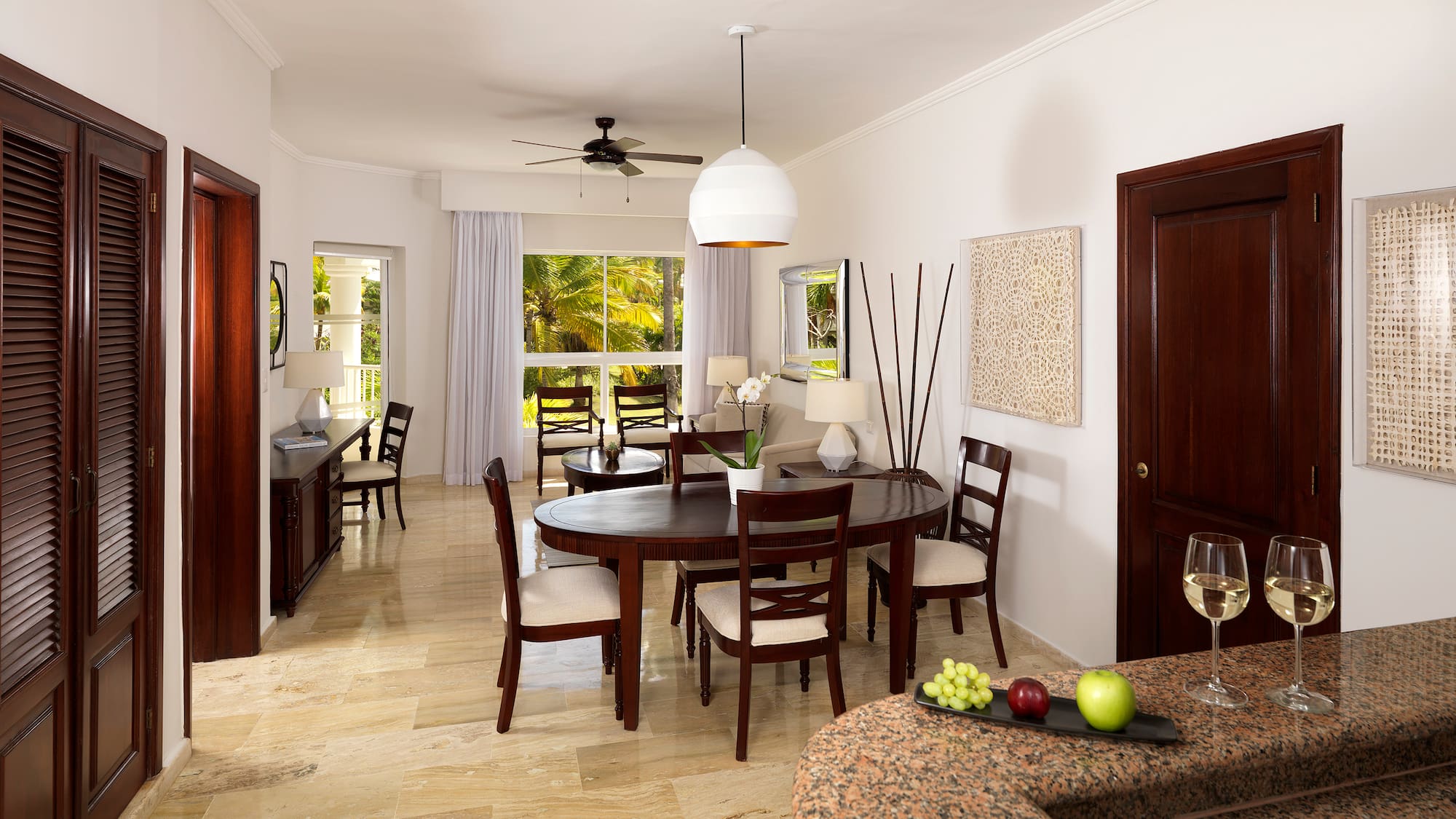 a room with a table and chairs