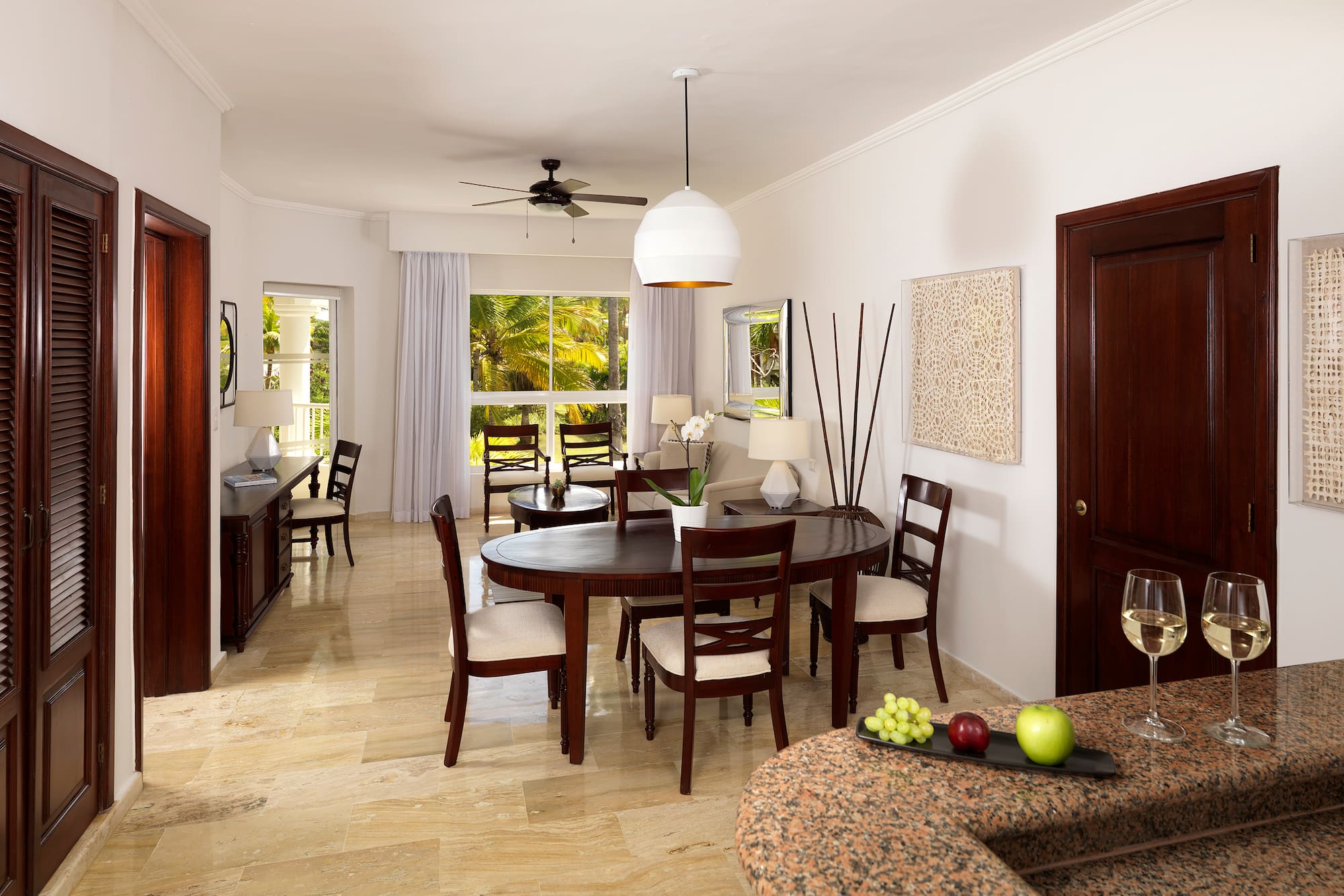 a room with a table and chairs