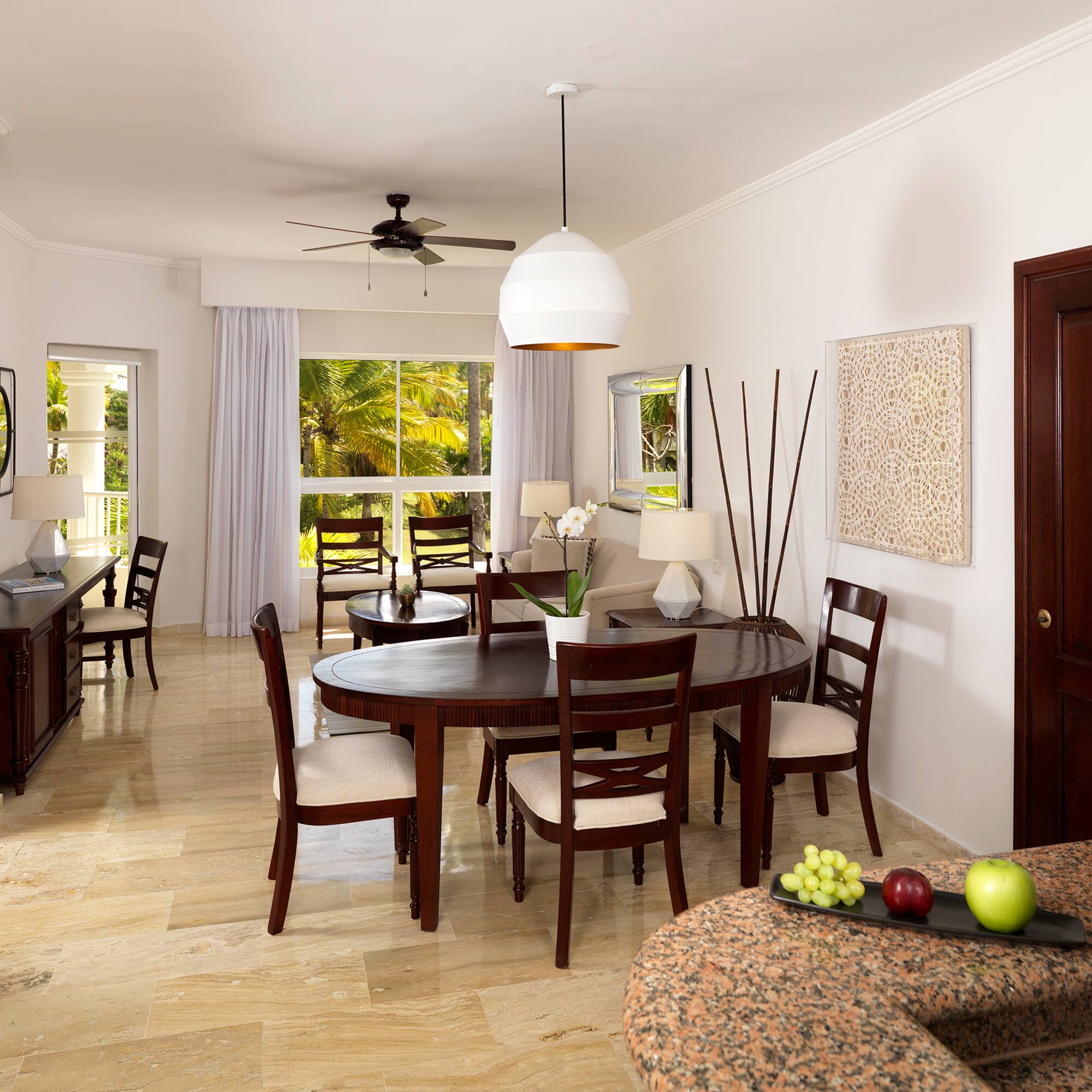 a room with a table and chairs