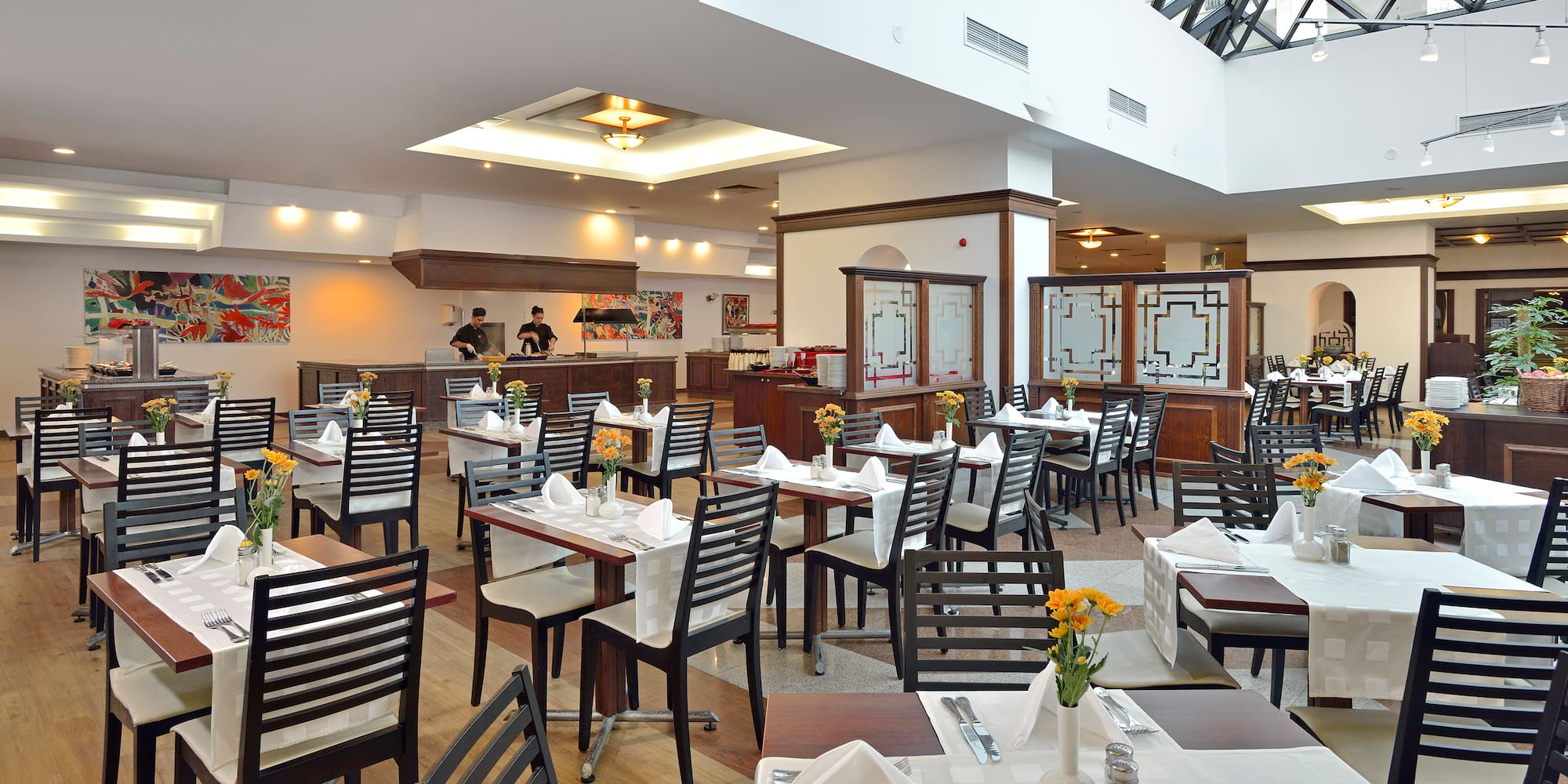 a room with tables and chairs