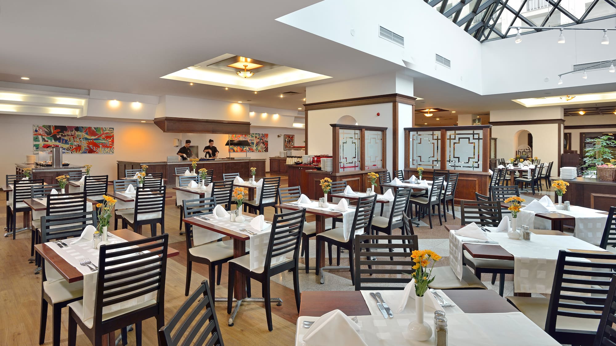 a room with tables and chairs