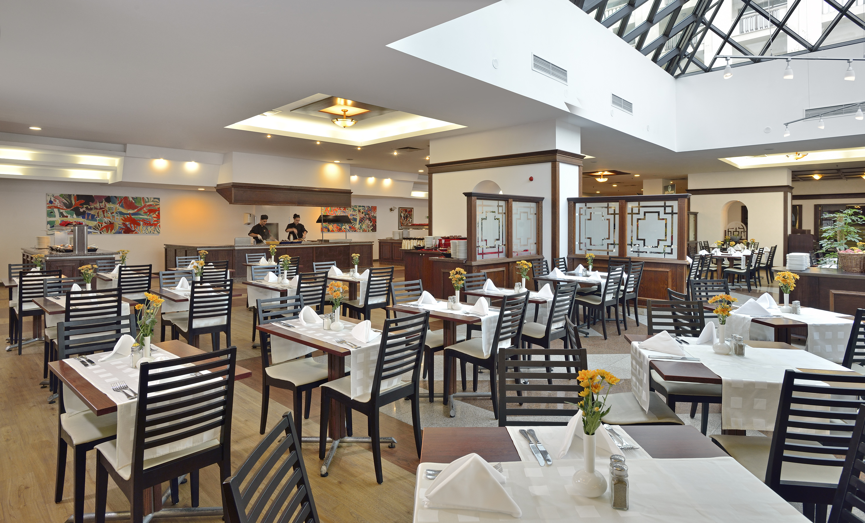 a room with tables and chairs