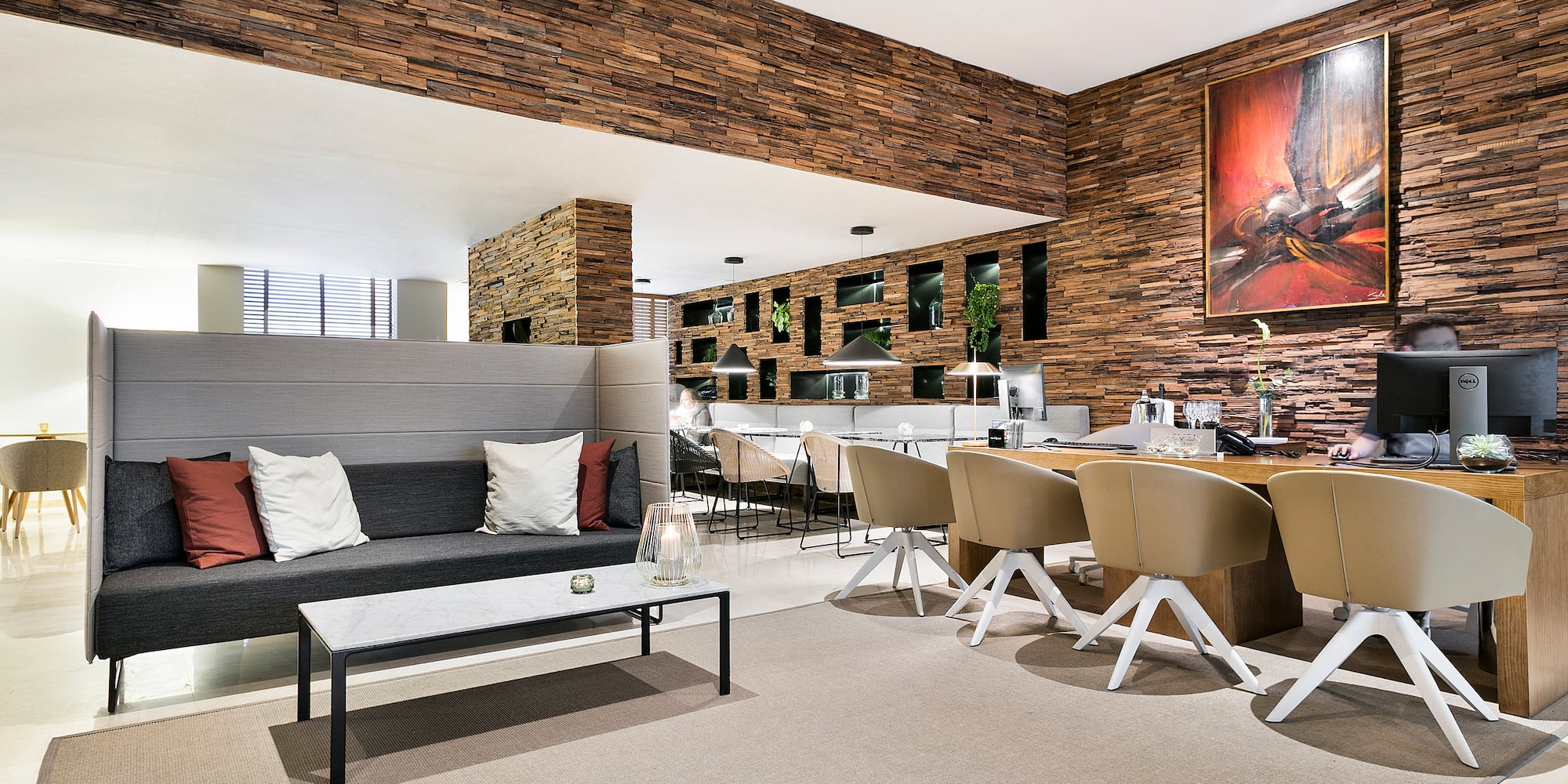 a room with a couch and table