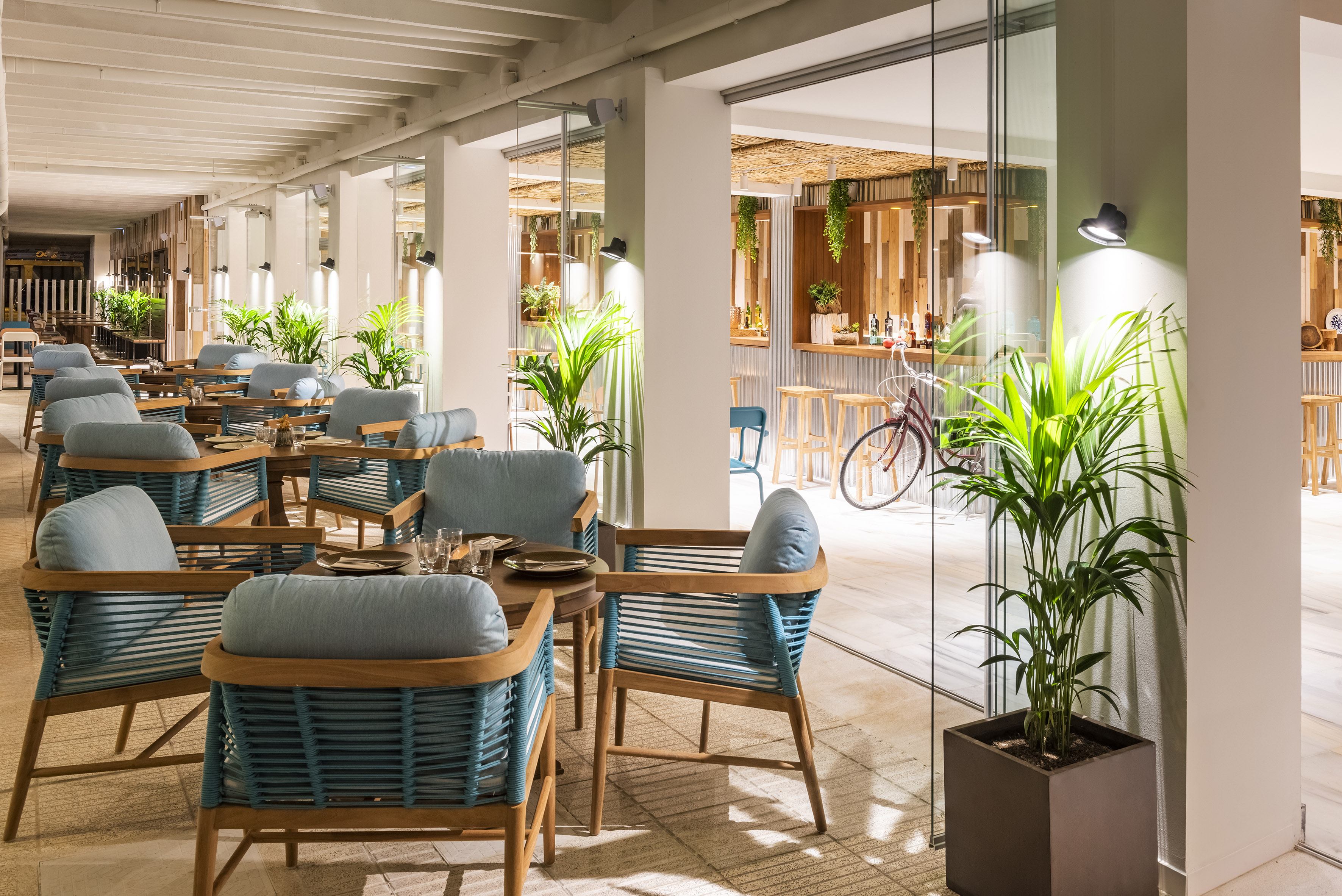 Outdoor dining patio with blue chairs, green plants, and bar area.