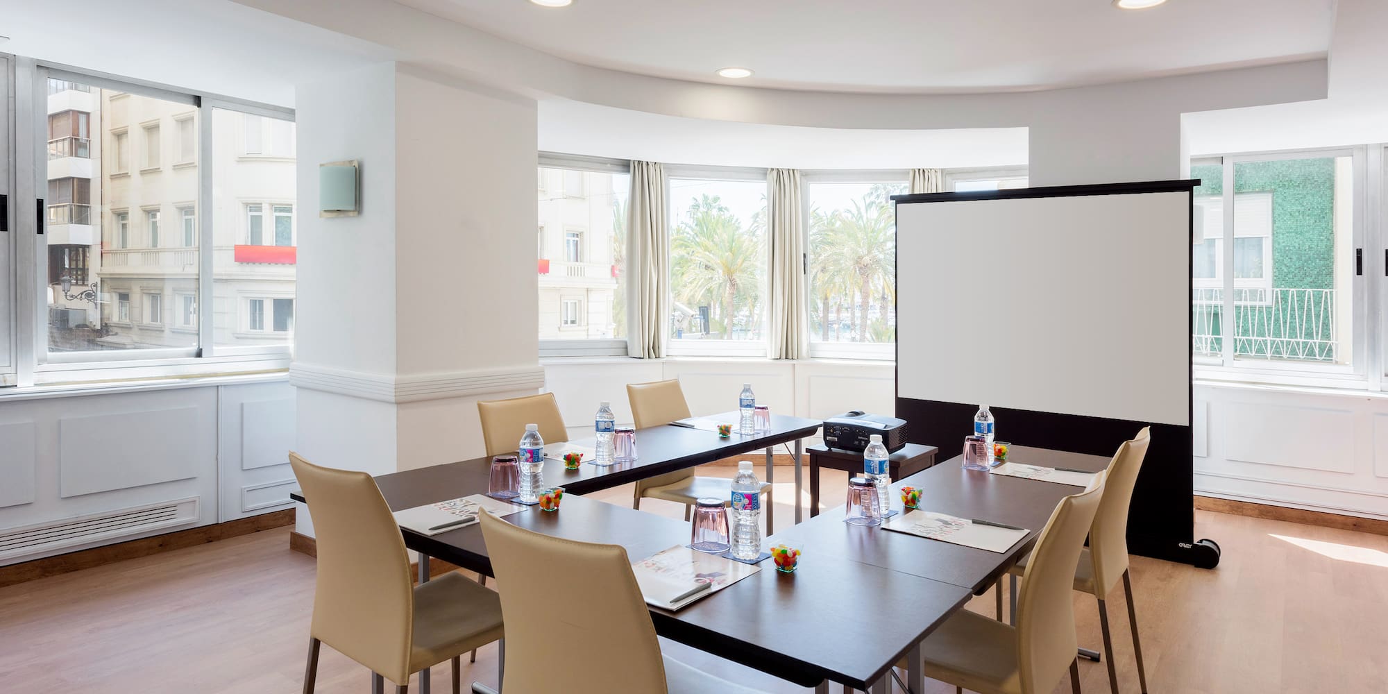 a room with tables and chairs