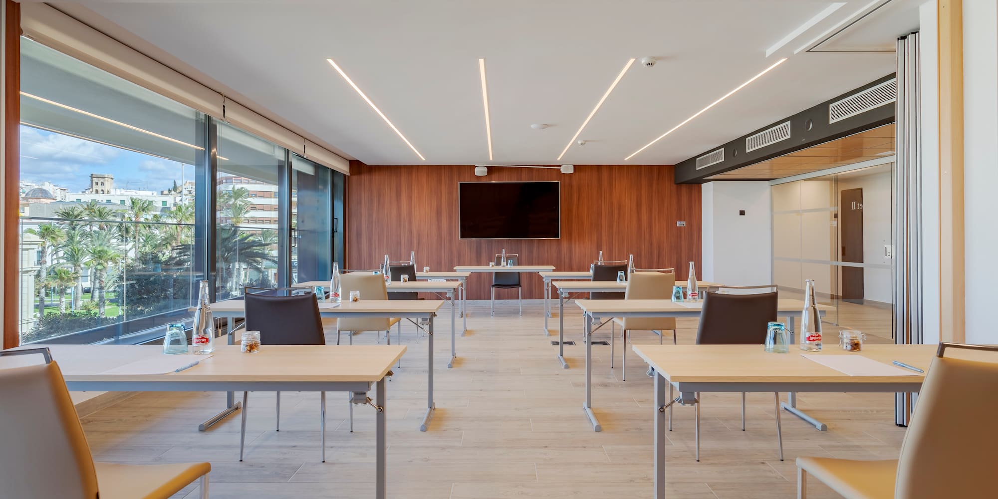 a room with tables and chairs