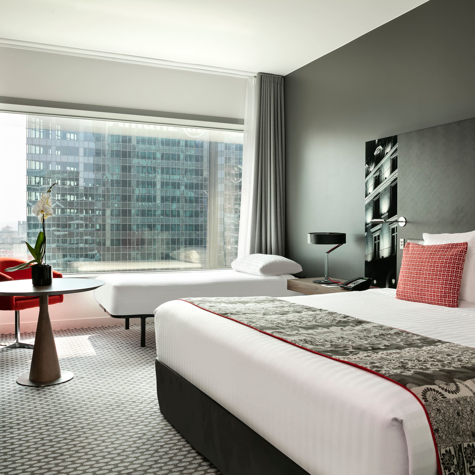 a room with a bed and a table