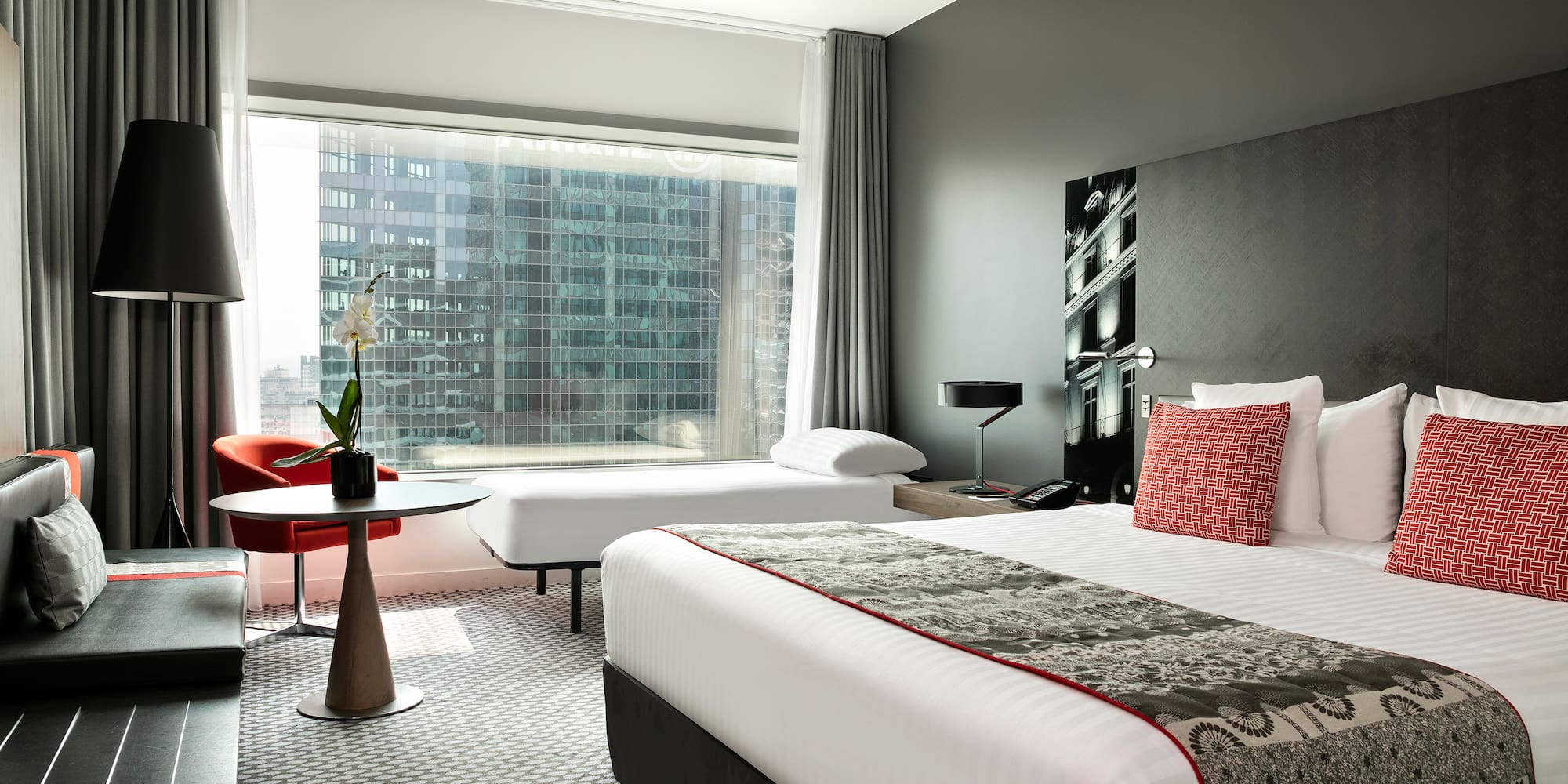 a room with a bed and a table