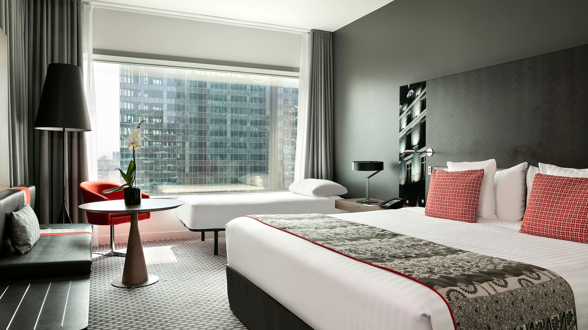 a room with a bed and a table