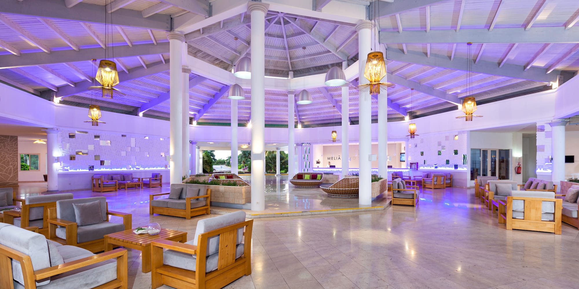 a large room with purple lighting