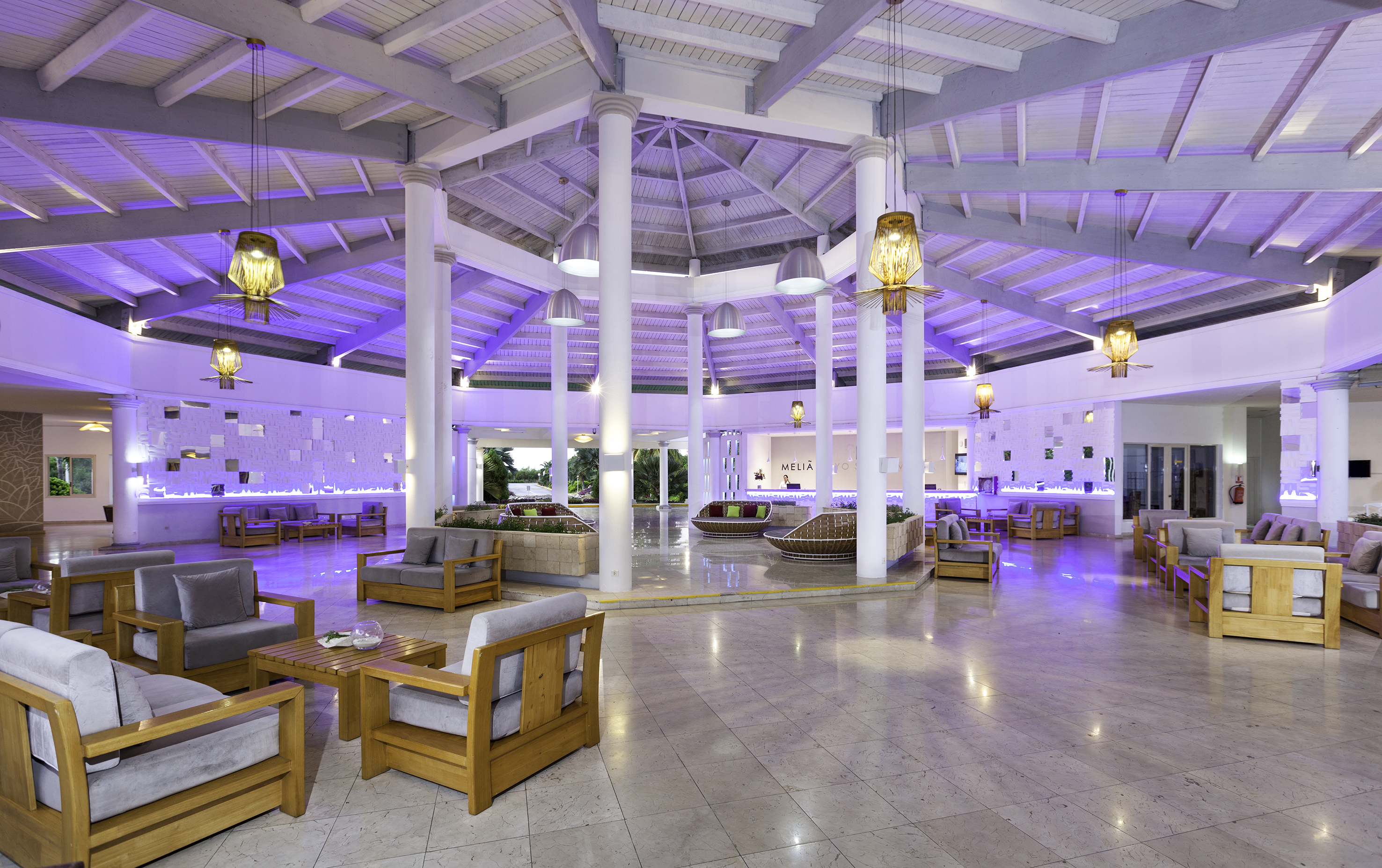 a large room with purple lighting