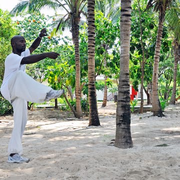 a man standing on one leg in front of trees