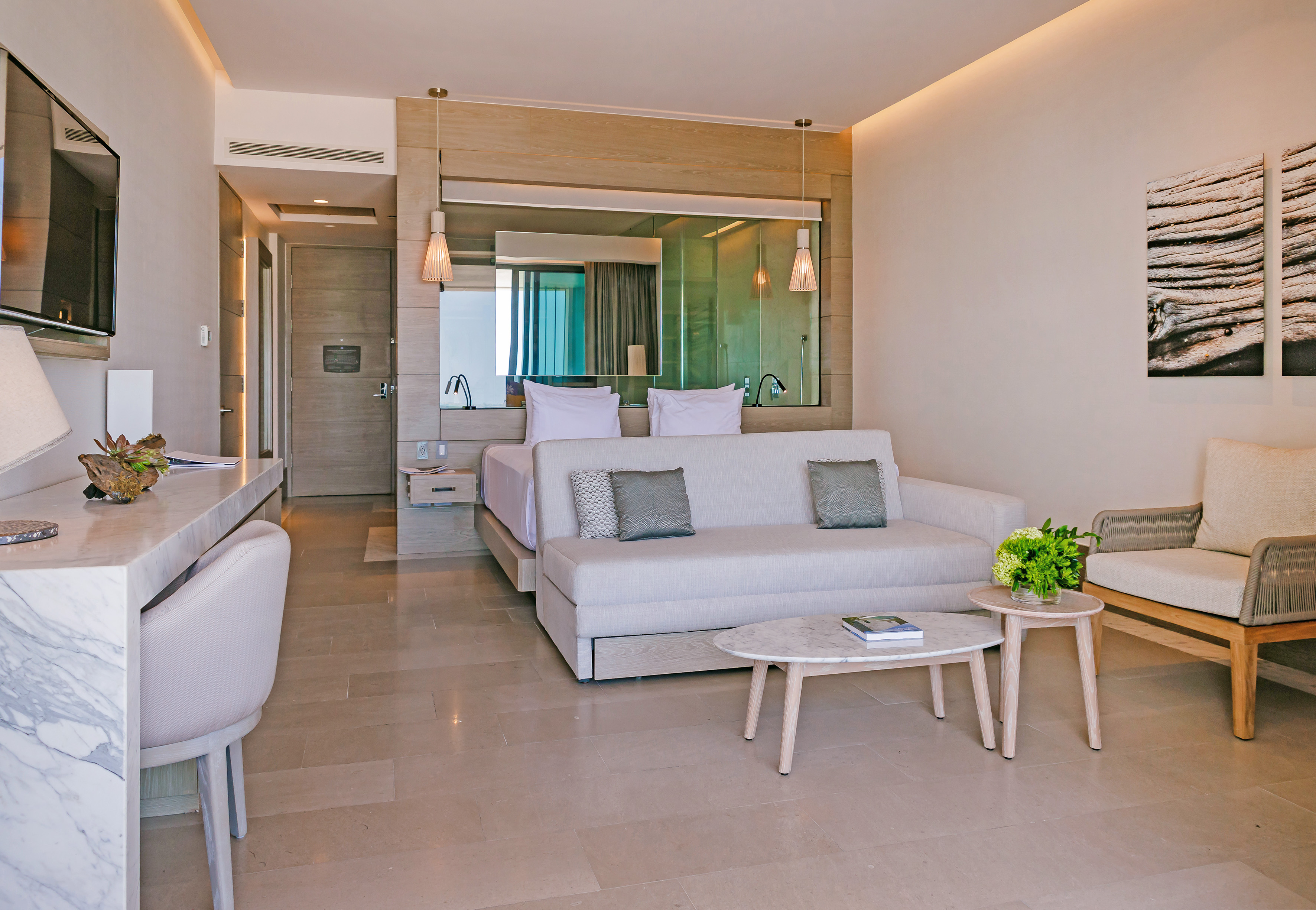 a room with a bed and a table
