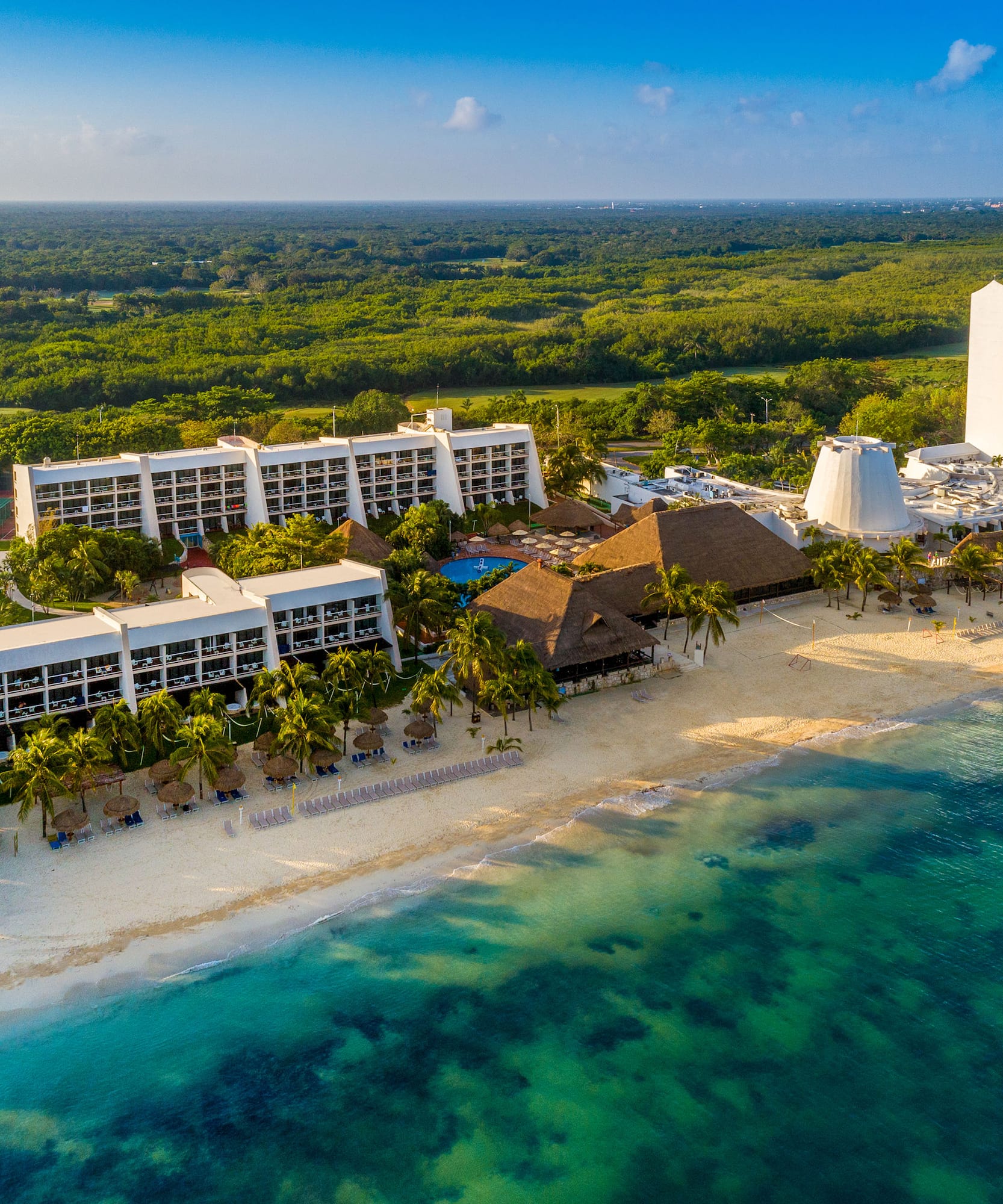 a beach with a group of buildings and trees