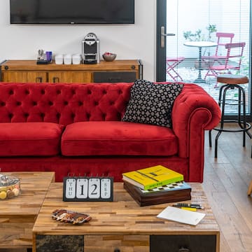 a red couch in a living room