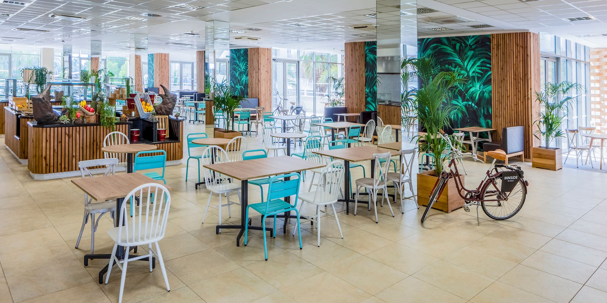 a room with tables and chairs