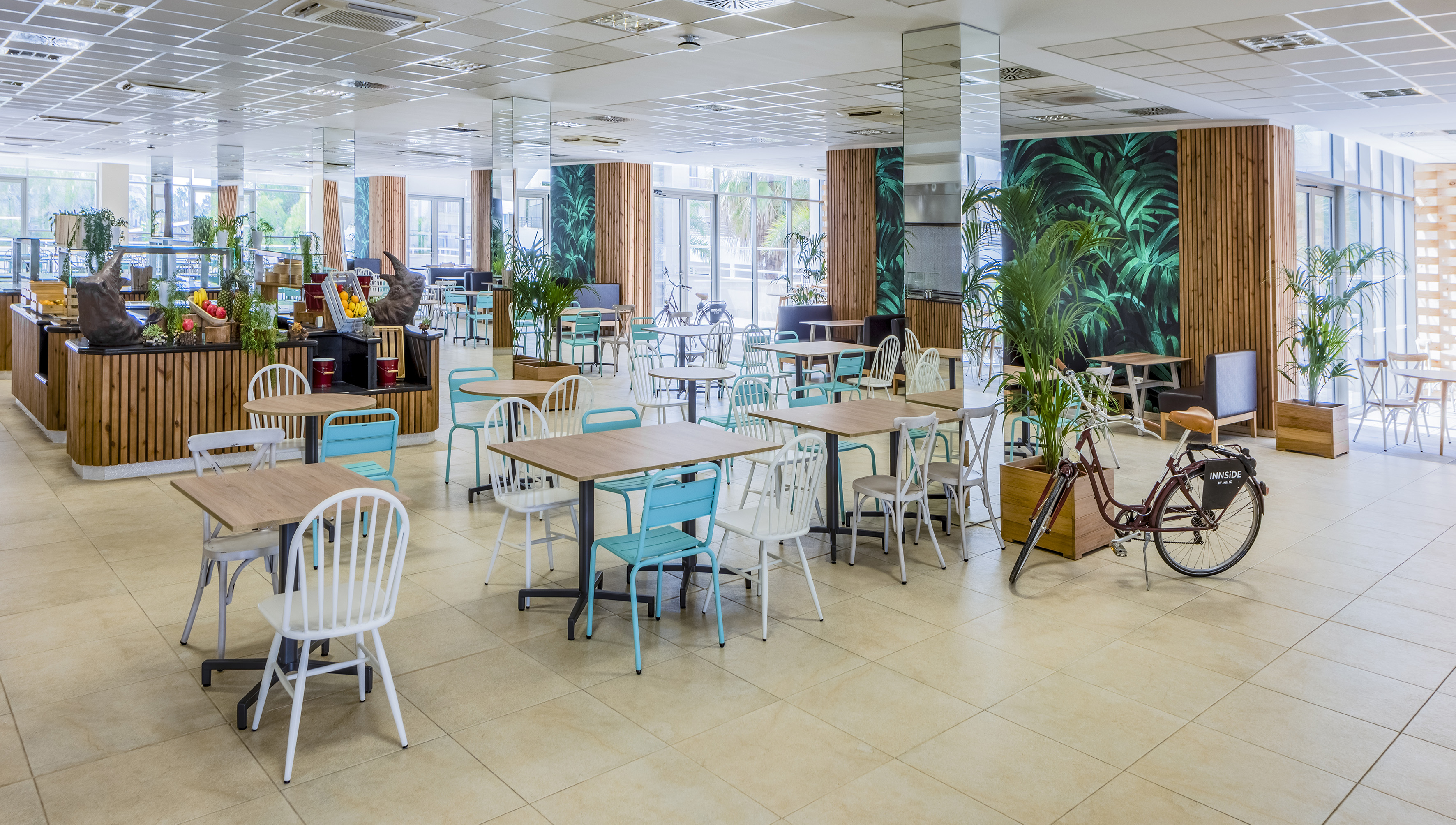 a room with tables and chairs