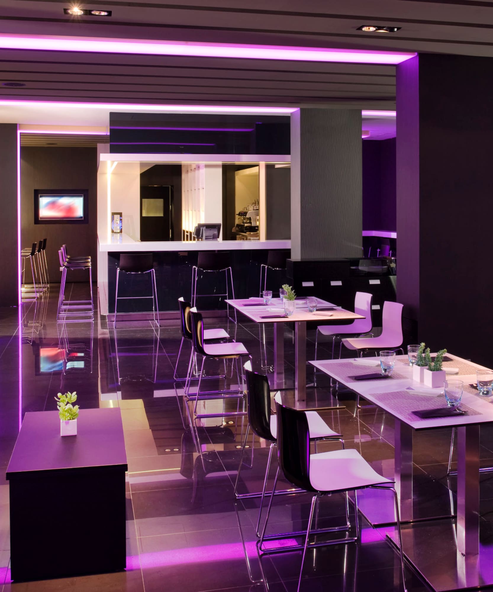 a room with purple lighting