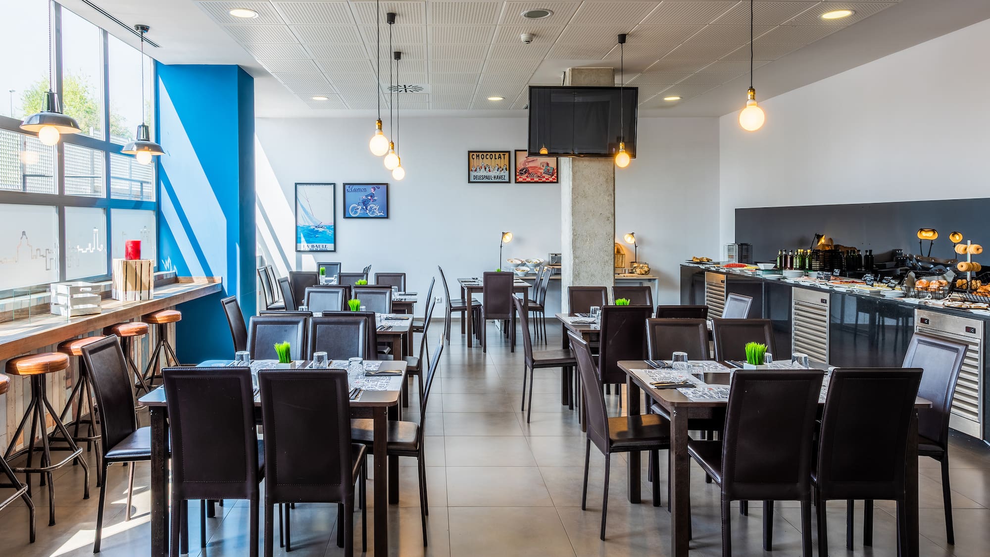 a room with tables and chairs