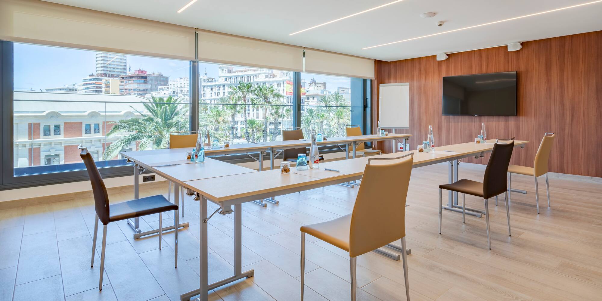 a room with a table and chairs