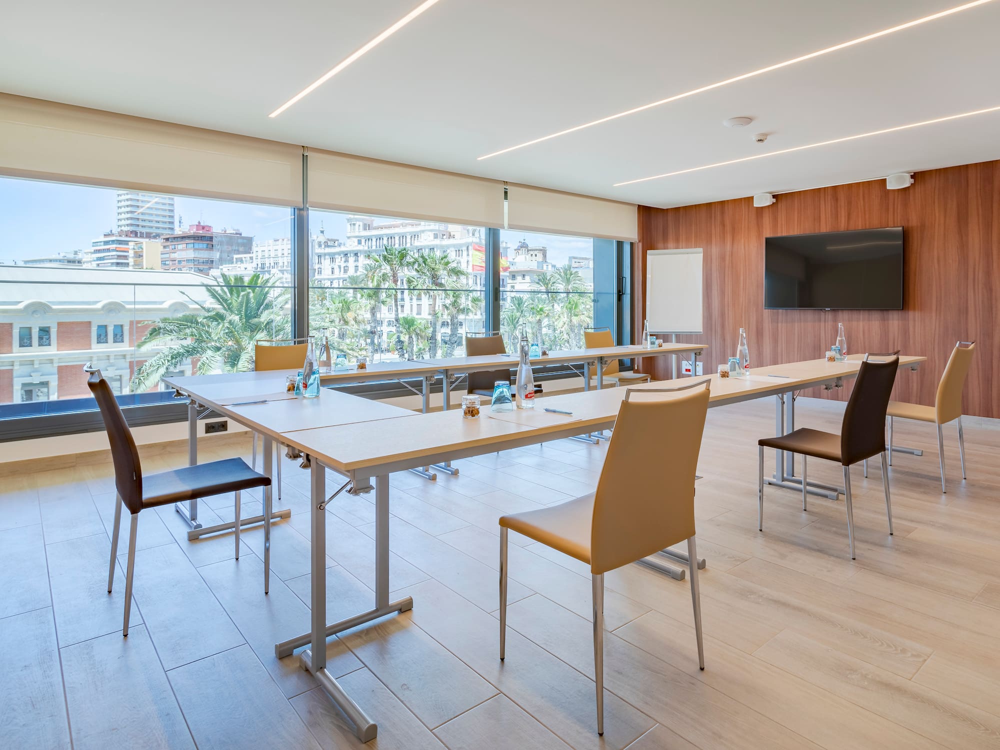 a room with a table and chairs