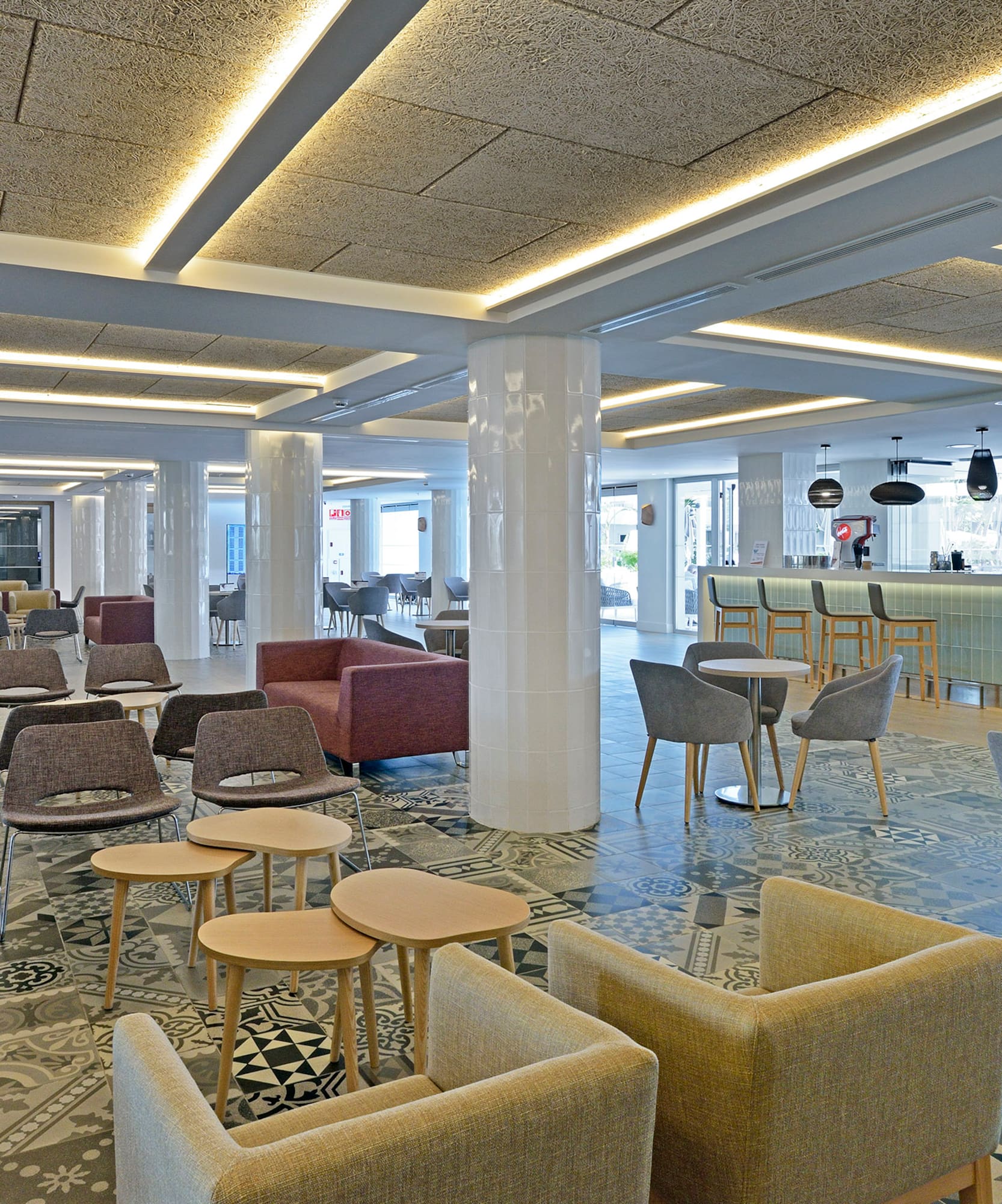 a room with chairs and tables