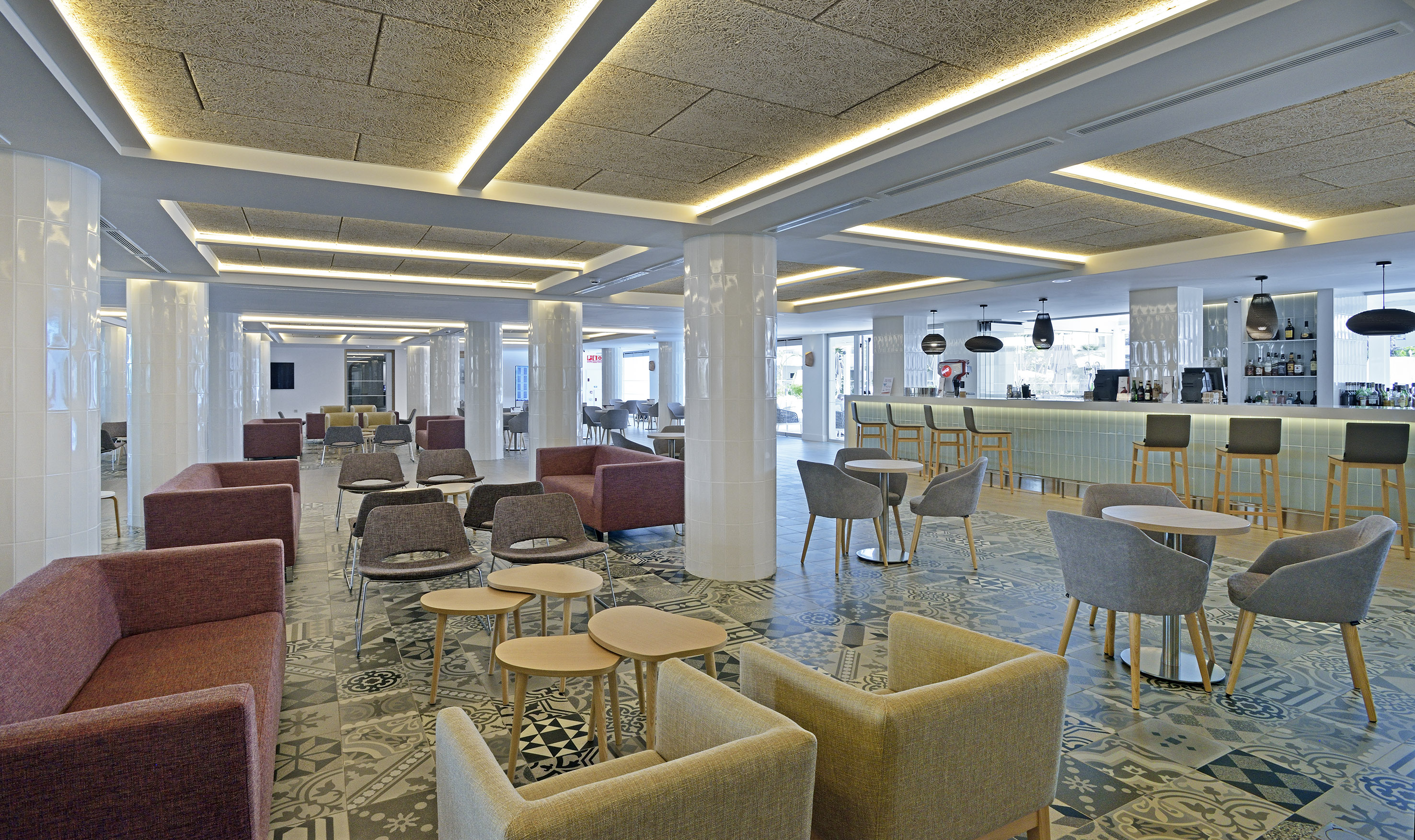 a room with chairs and tables