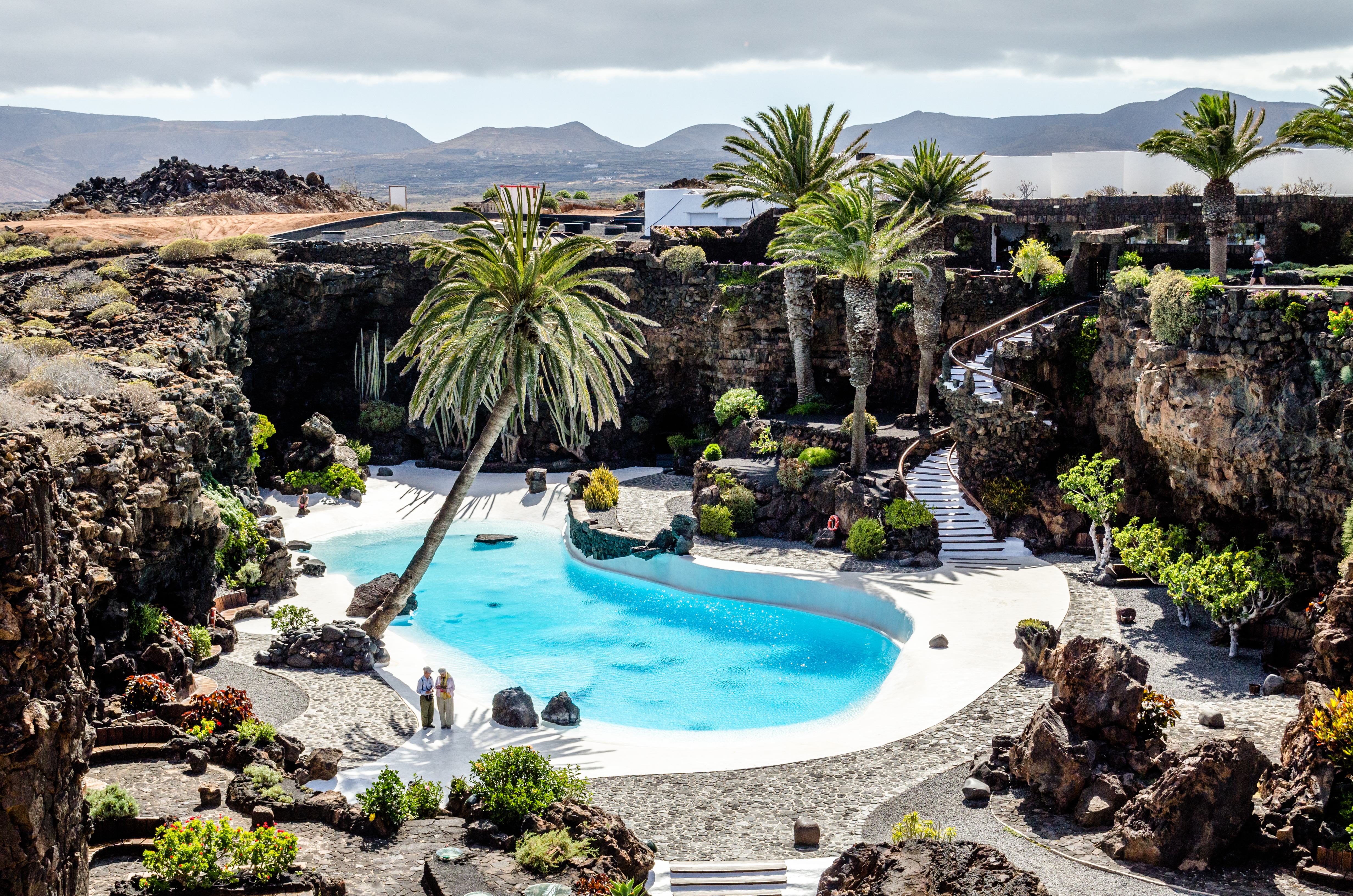 a pool surrounded by palm trees with Lanzarote in the background