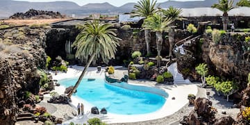 a pool surrounded by palm trees with Lanzarote in the background