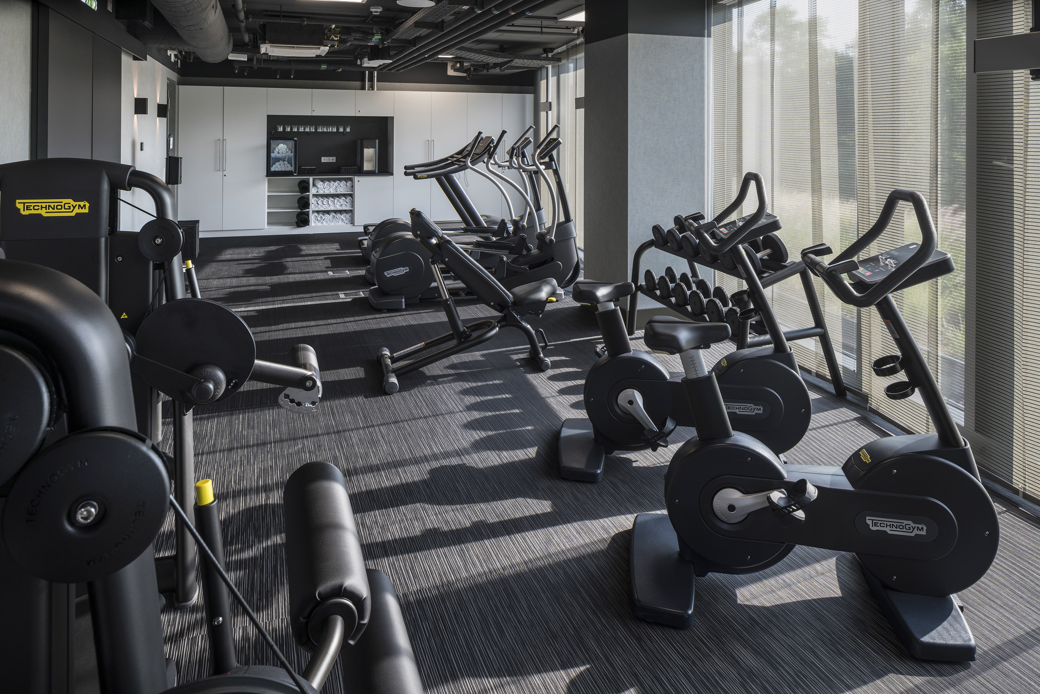 Sleek fitness room with Technogym cardio machines, weights, and large windows.