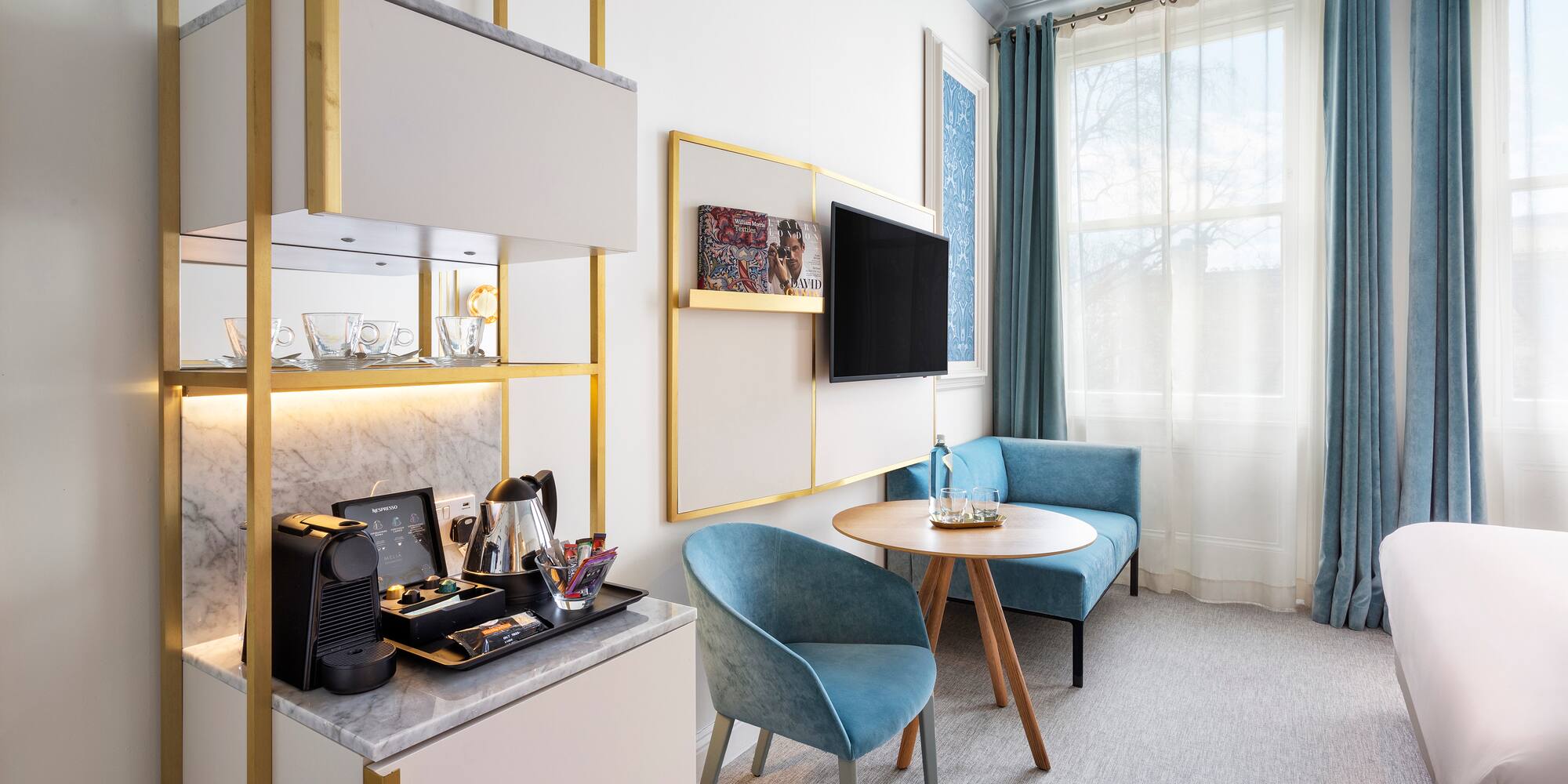 a room with a tv and a table