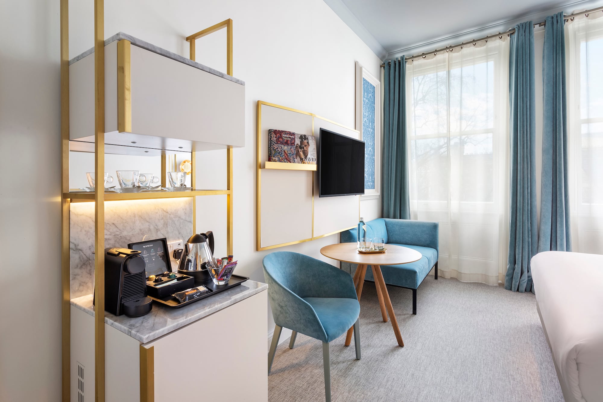 a room with a tv and a table