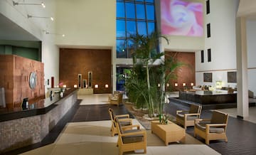 a lobby with a large window