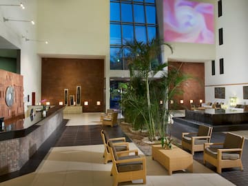 a lobby with a large window