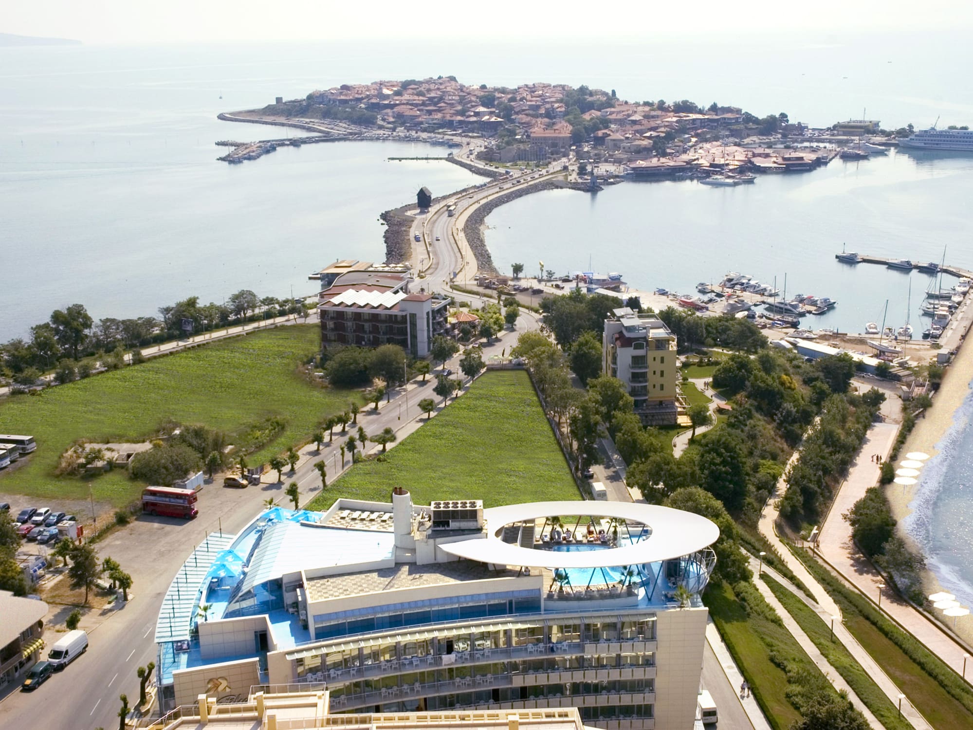 a aerial view of a city and water
