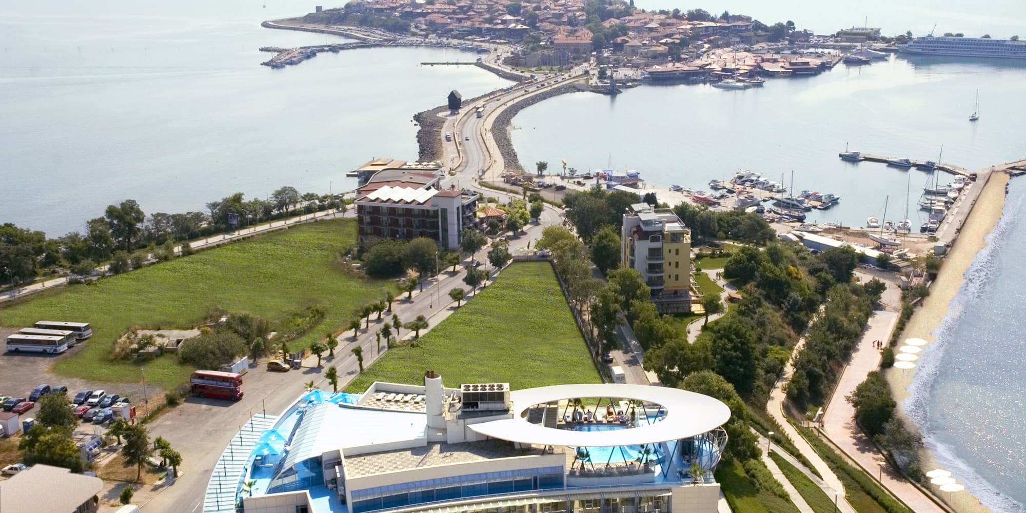 a aerial view of a city and water