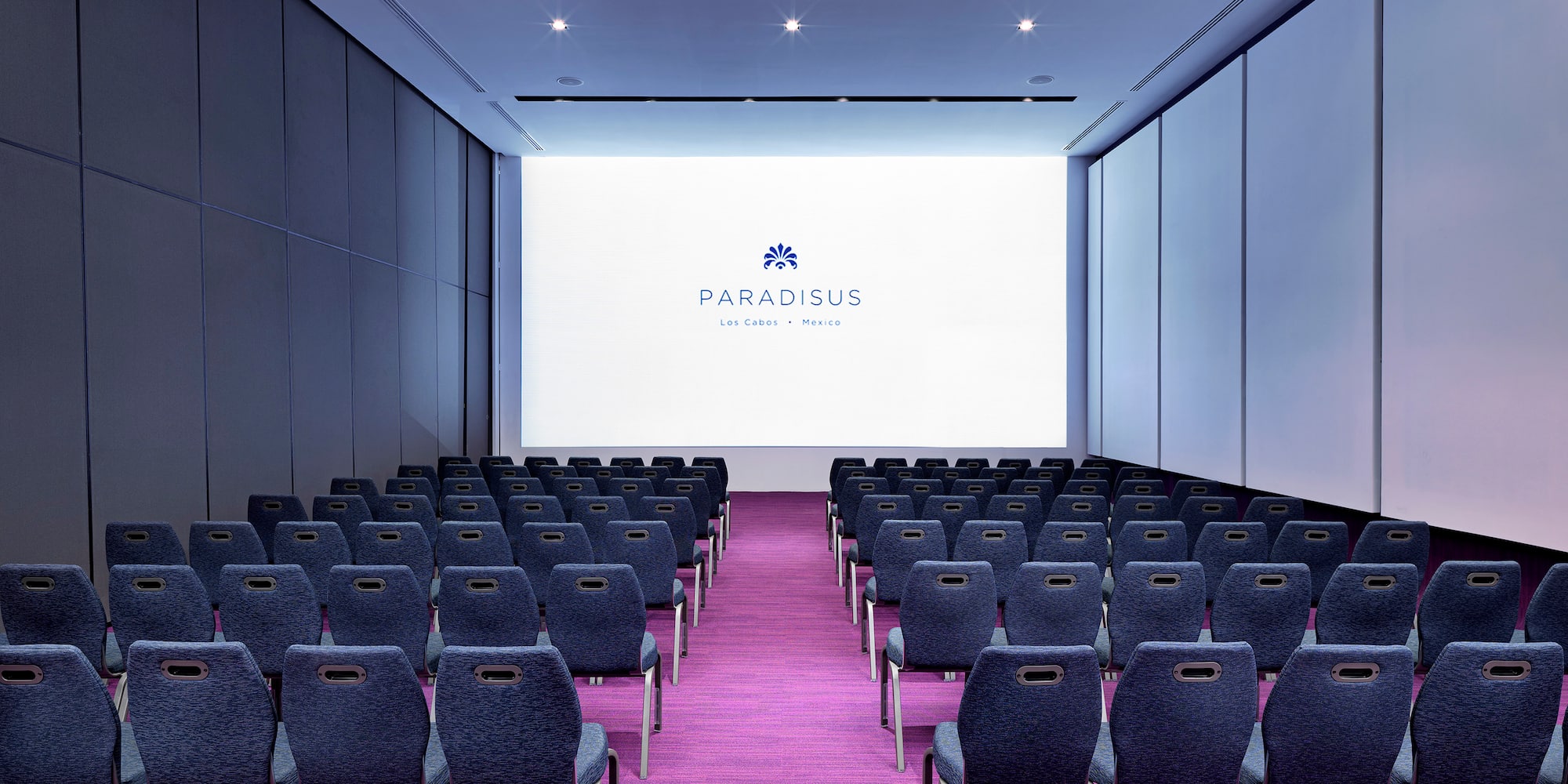 a room with rows of chairs and a projector screen