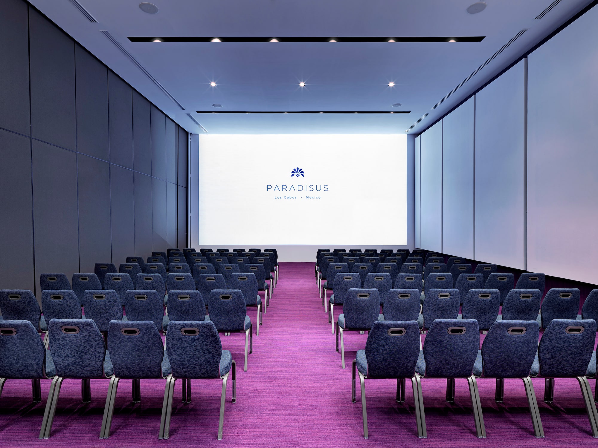 a room with rows of chairs and a projector screen