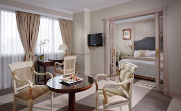 a room with a bed and a table