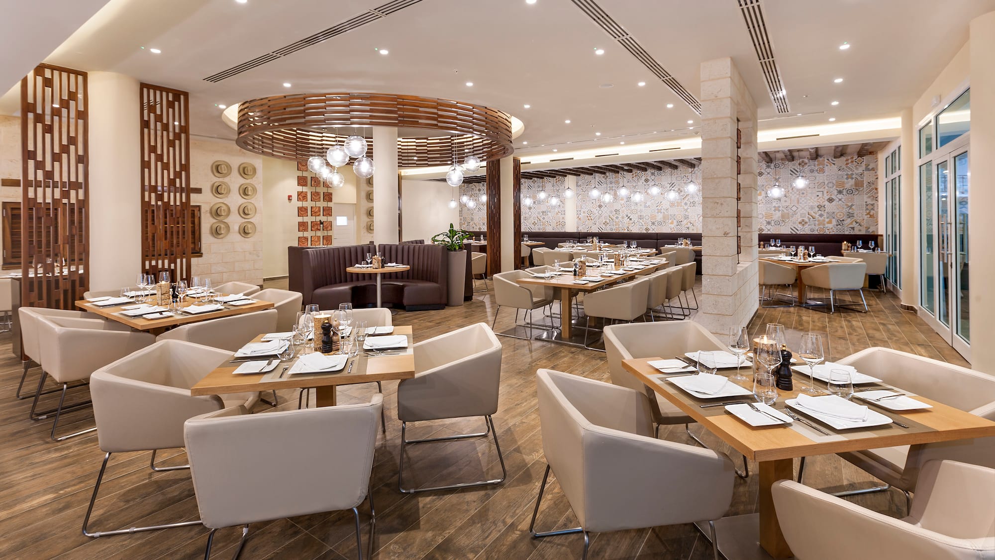 a restaurant with tables and chairs