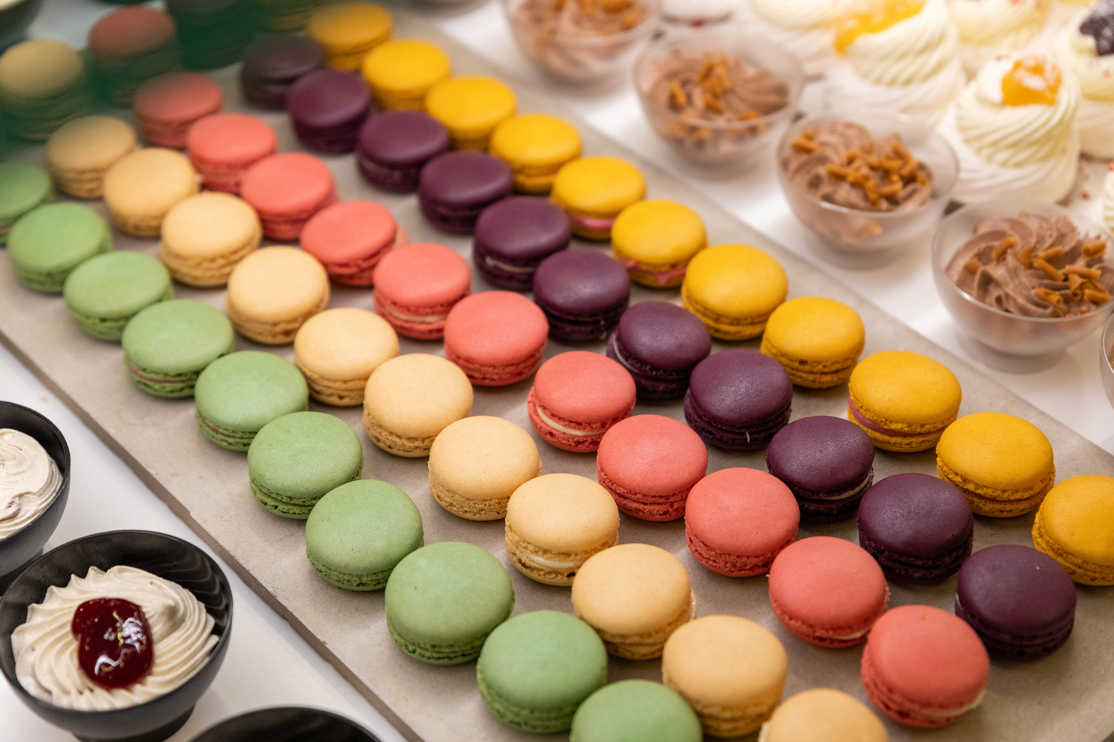 Vibrant display of colorful macarons and other mini desserts on a tray.