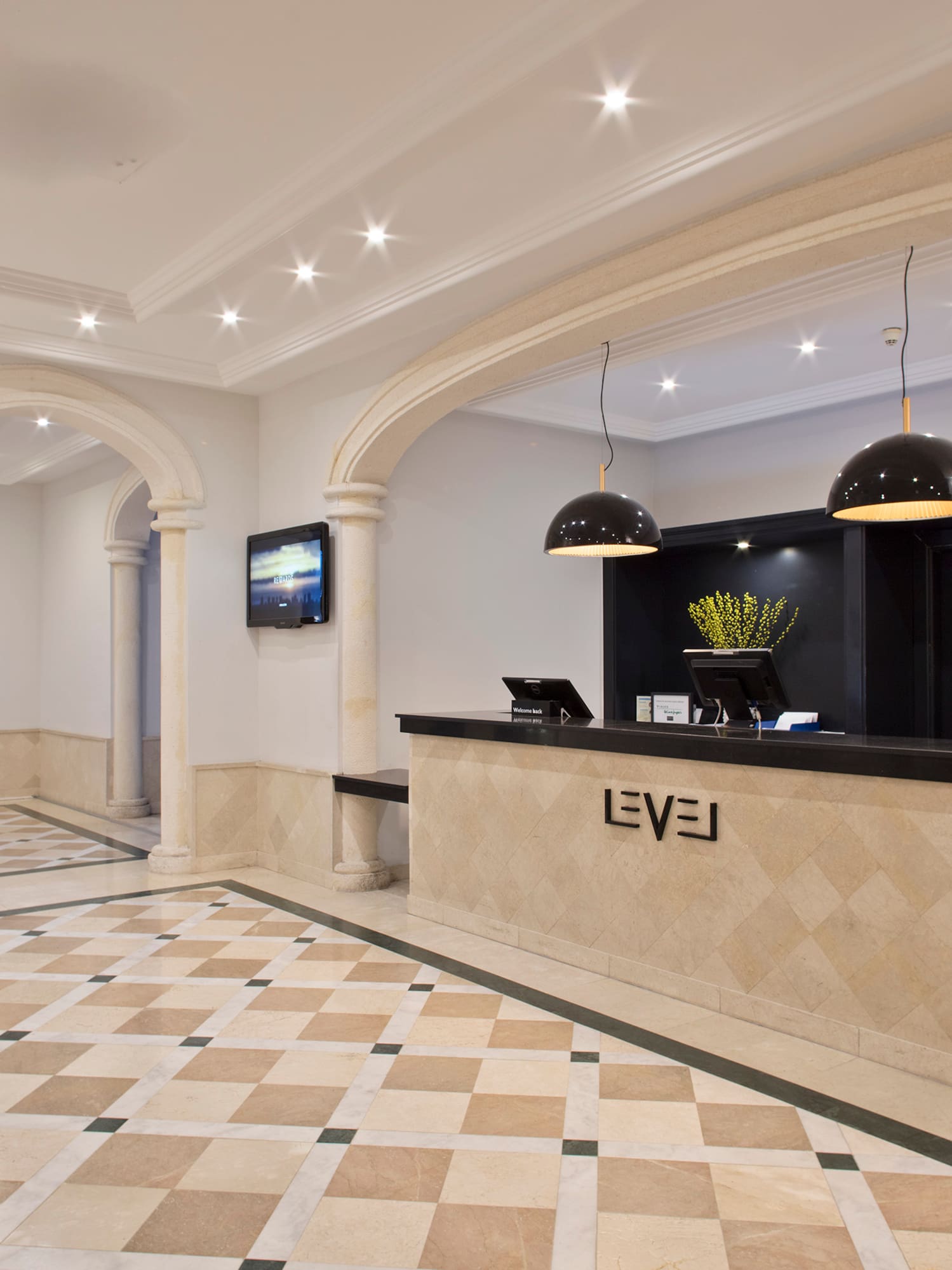 a reception desk in a hotel