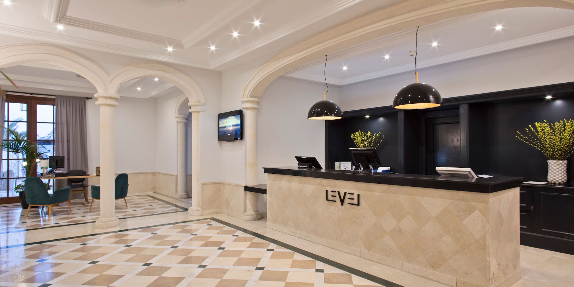 a reception desk in a hotel